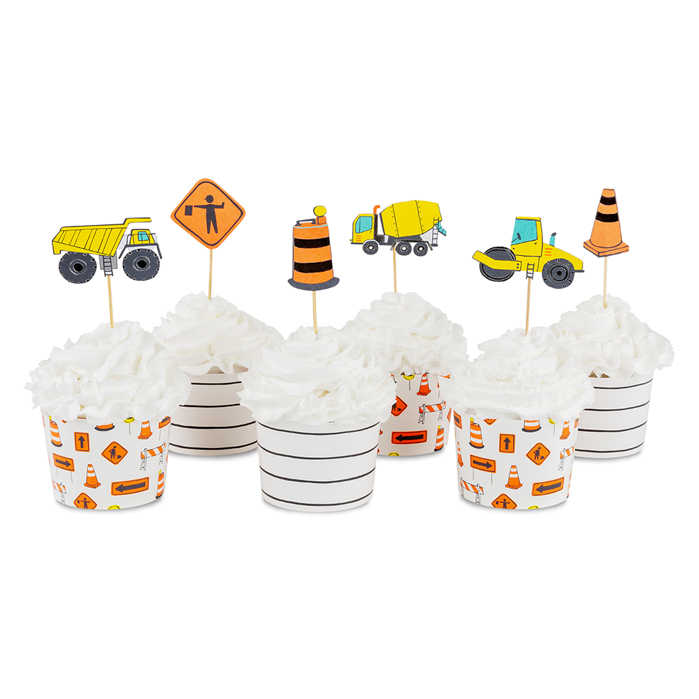 Cupcake decorating kit for construction party with foil toppers and cups