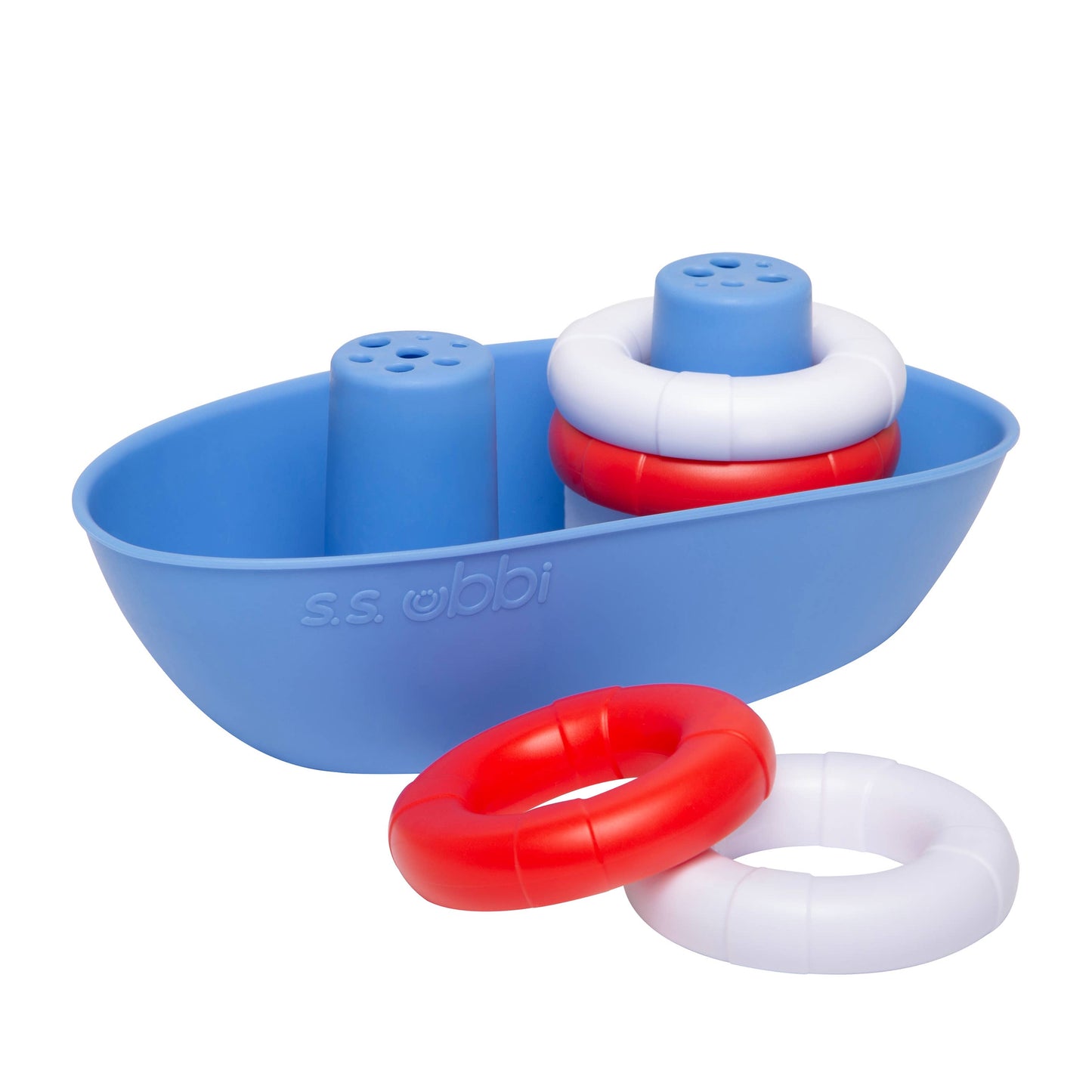 Silicone boat set with 4 buoys, rain effect, promotes coordination, BPA-free, dishwasher safe, baby.
