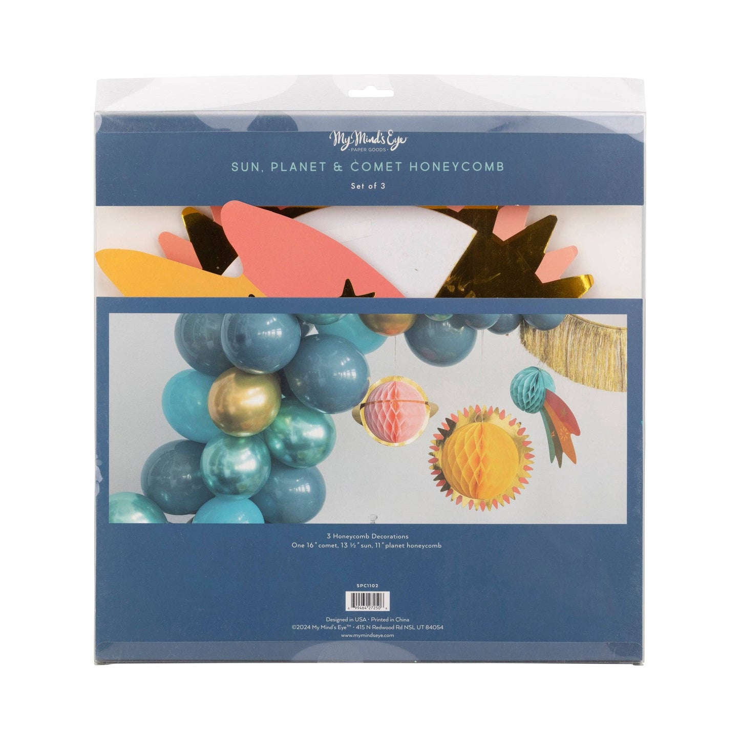 Tissue honeycomb planets set, 3 space-themed decorations with double-sided foil accents.