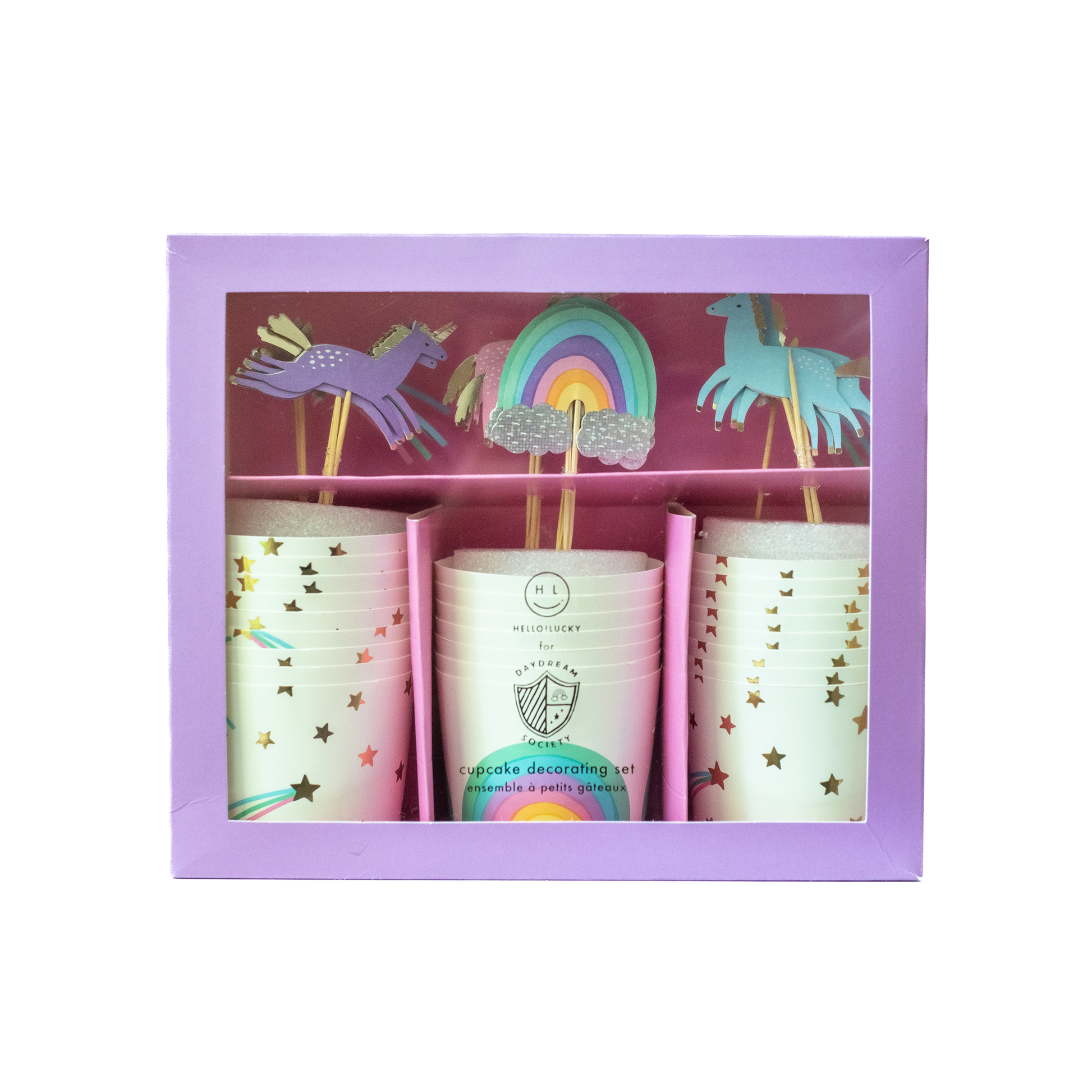 Unicorn and rainbow cupcake kit with 24 toppers and baking cups, oven safe to 375°F