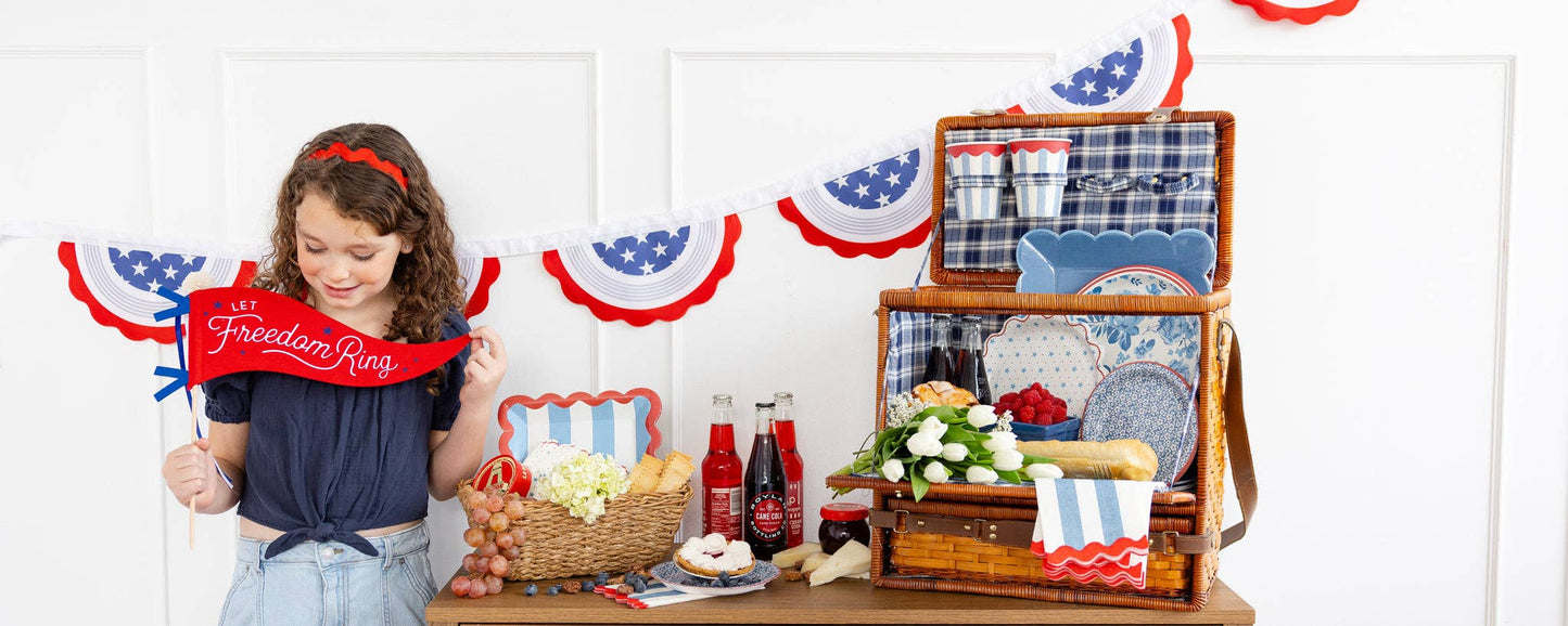 Americana 9” x 9” plates, 8-pack, bold red, white, and blue stripes for summer celebrations.