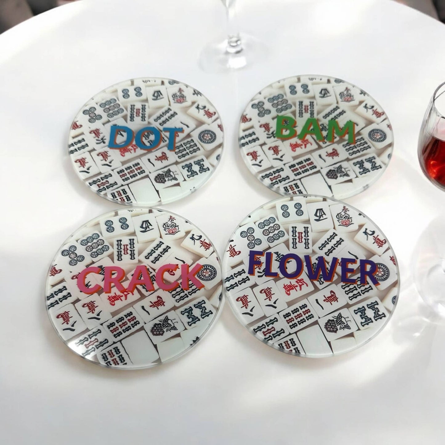4" Mahjong Glass Coasters – Set of 4, stylish drink coasters for home, kitchen, and living room decor.