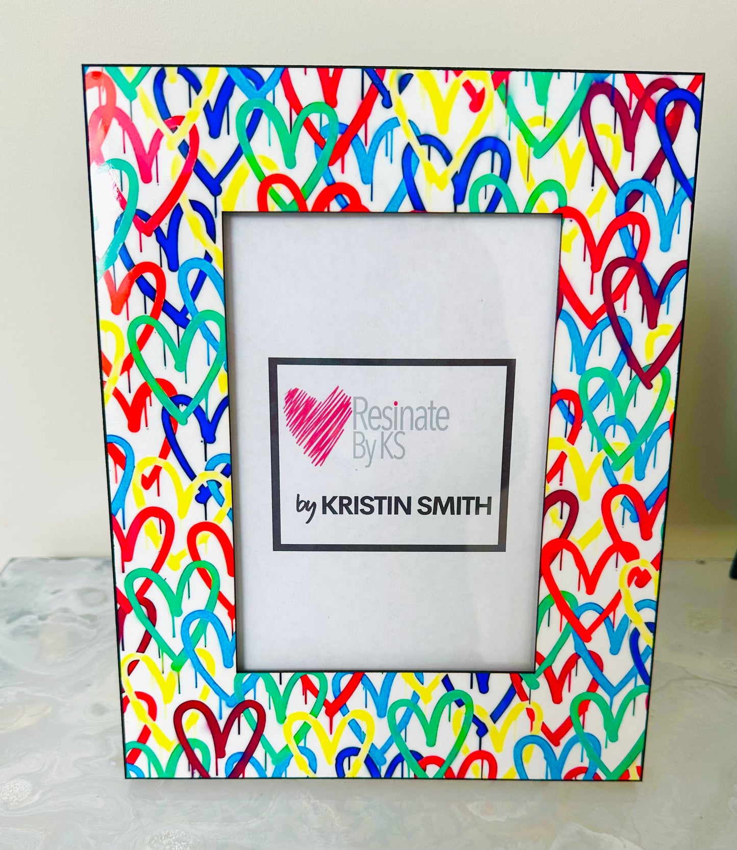 Pink & red heart resin photo frame 8x10, fits 5x7 photo, perfect for weddings & Valentine’s Day.