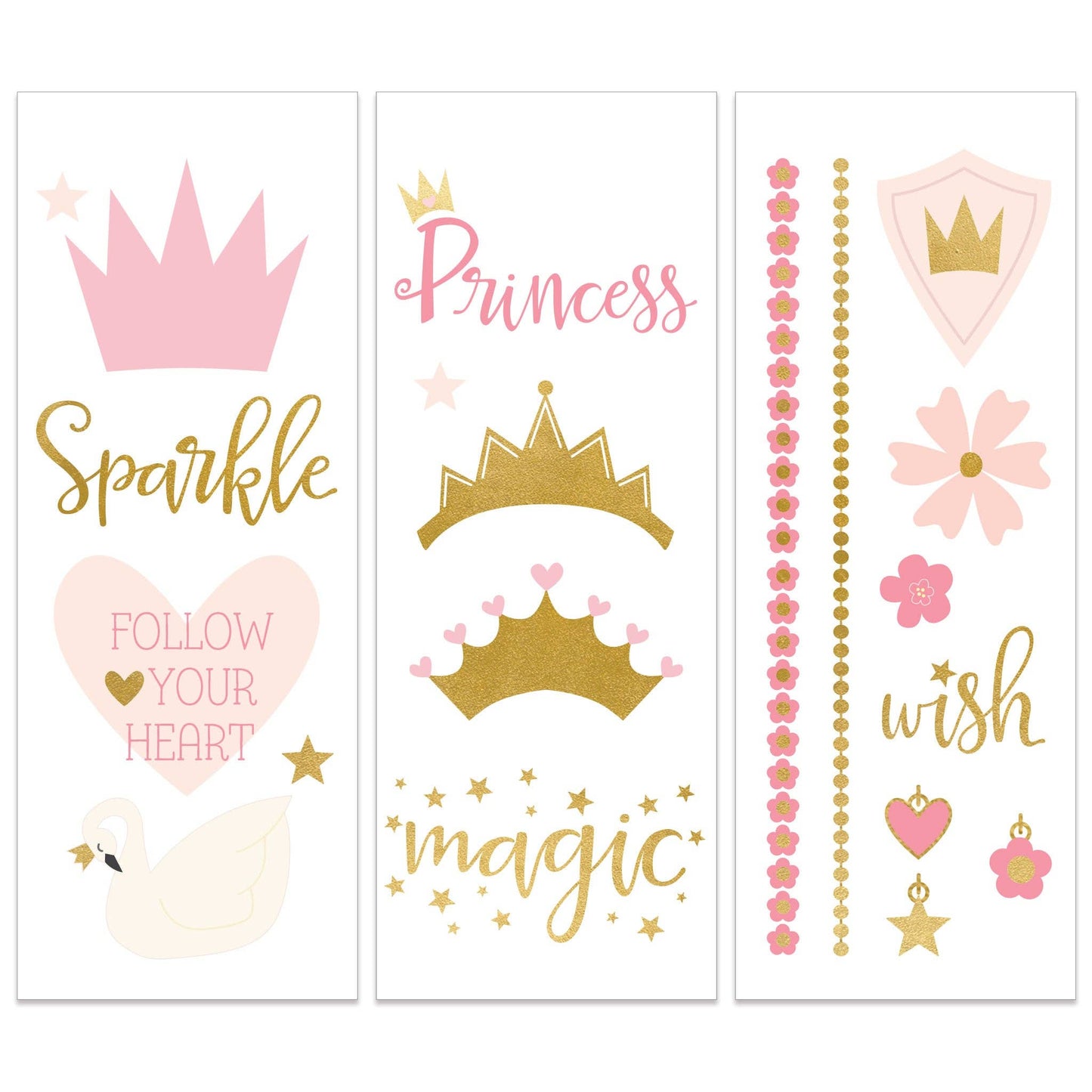 Set of 40 princess-themed gold foil temporary tattoos for birthday parties and showers.