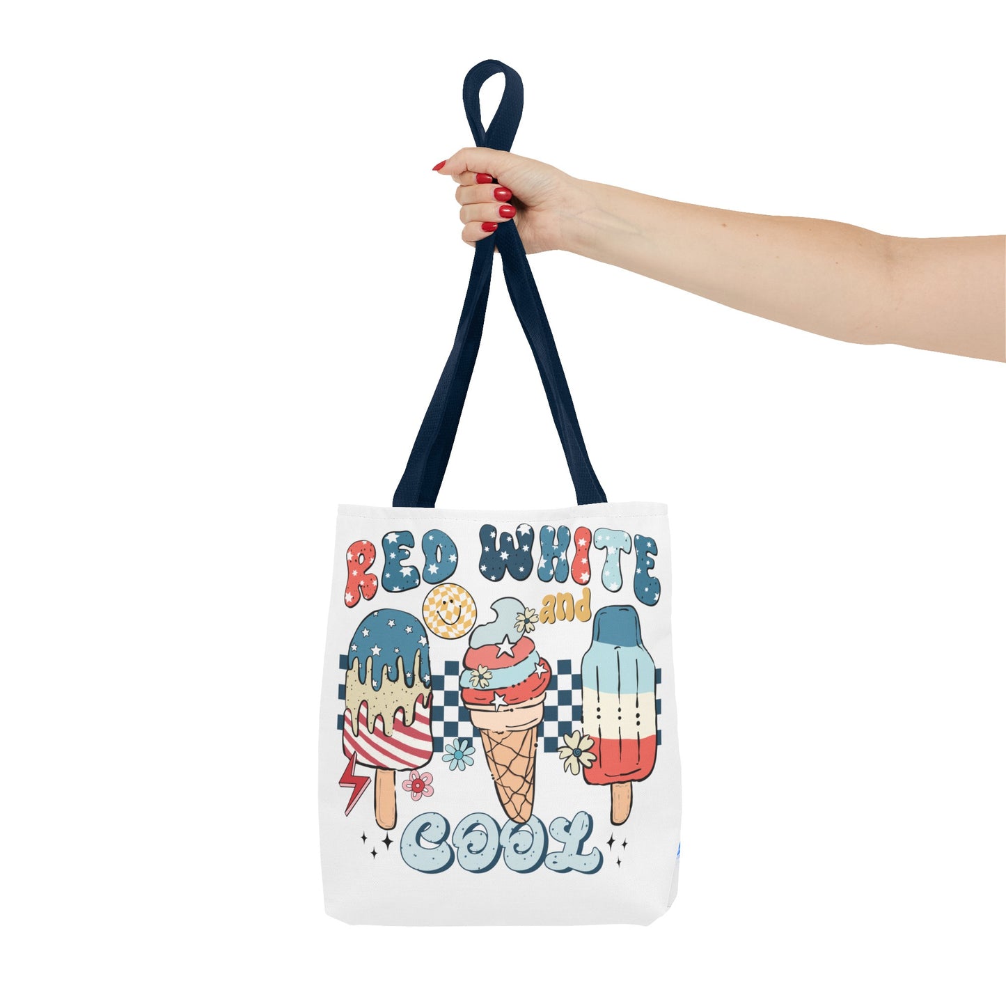 Red, white, and blue beach bag featuring a trendy vintage ice cream print, perfect for 4th of July celebrations and summer festivities. Made from 100% spun polyester with durable double-stitched seams, this spacious tote is designed to carry everything from sunscreen and snacks to towels and pool toys. Ideal as a patriotic gift for women, moms, or teachers, it’s the perfect accessory for beach outings, picnics, and sunny days. Get ready to celebrate with style while showcasing your American pride!