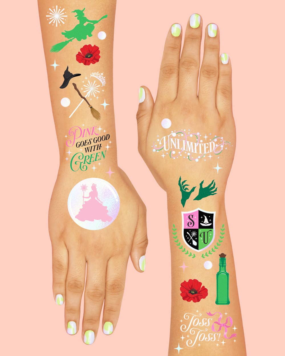 “Wicked Witch Emerald City Tats” 💚🩷 50 temporary tattoos, kids