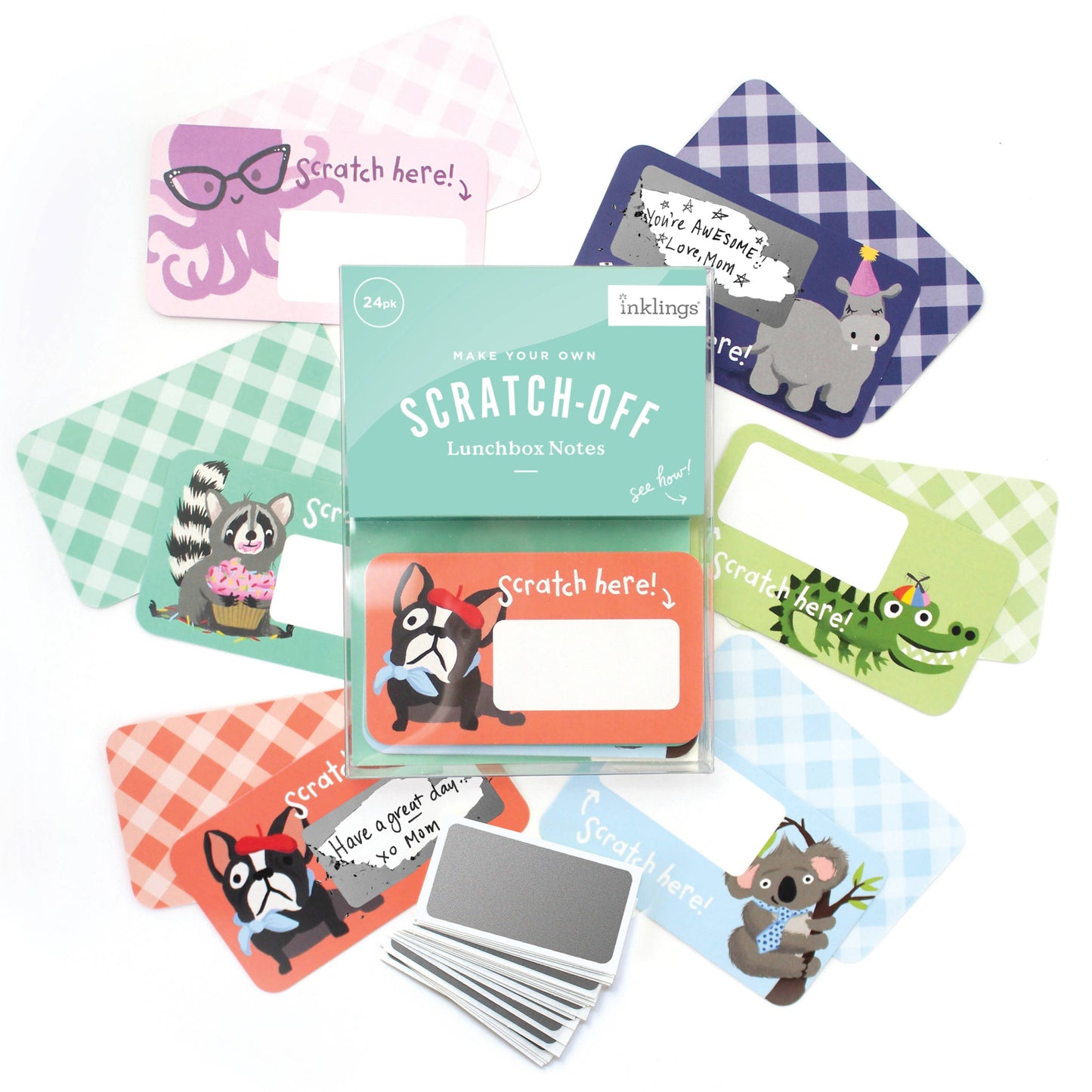 Set of 24 assorted scratch-off lunchbox notes measuring 2” x 3.5”, featuring six different animated animal friends designs. Each card allows you to write a personalized message in the blank space, which is then covered with a scratch-off sticker for a fun reveal. Perfect for slipping into lunch bags or coat pockets, these tiny notes come packaged in a clear plastic box, making them an ideal surprise for someone special.