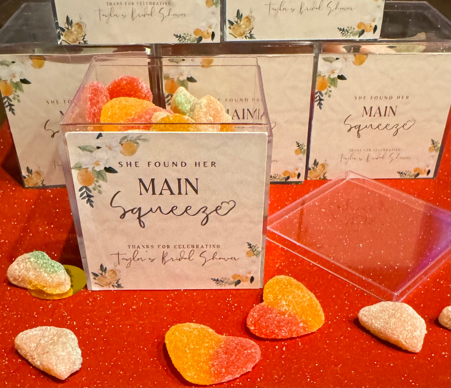 Candy favor box for weddings or corporate events with colorful, coordinated sweets.