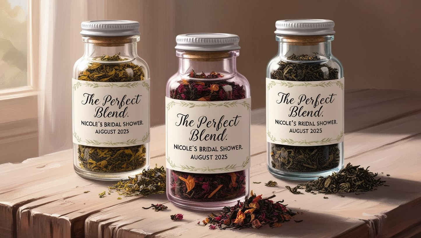 Personalized tea favors – acrylic bottle with loose tea, perfect for bridal and baby showers.