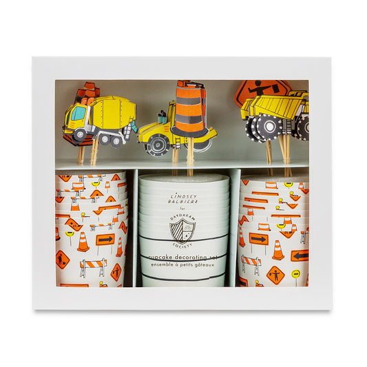 Construction cupcake decorating kit with 24 toppers and baking cups, oven safe