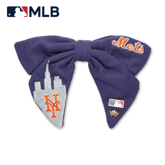 NY Mets embroidered bow barrette with skyline and logo