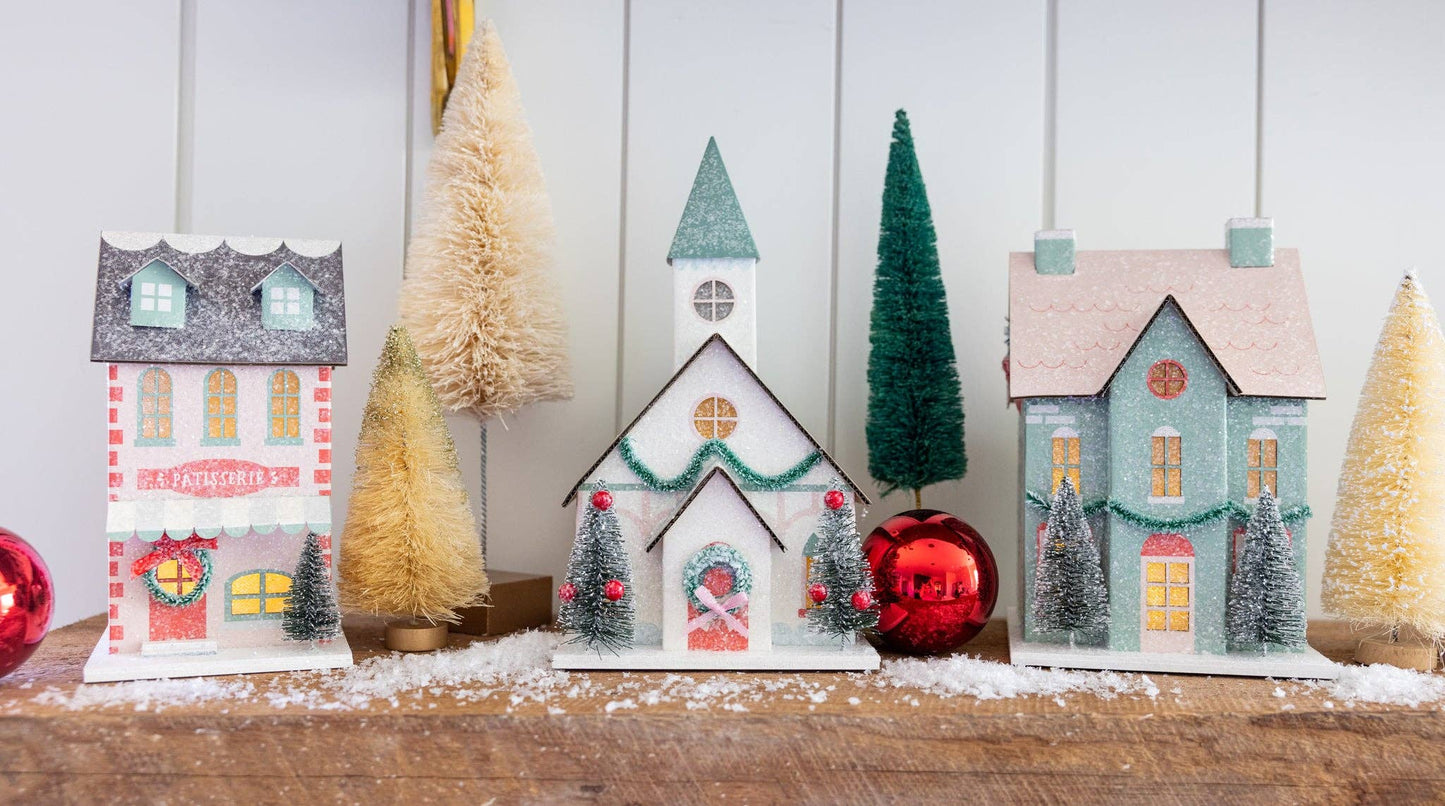 Cozy Christmas house decoration with battery-powered light, perfect for holiday tablescape, 4.5” x 6” size.