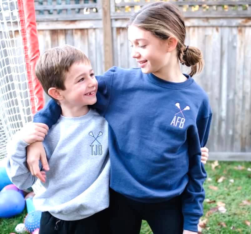Cozy kids sweatshirt 2T-10, monogram pullover, custom motif, navy or gray, comfy cotton-poly