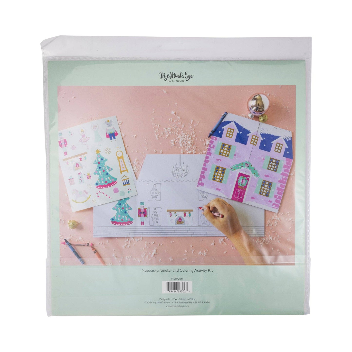 Nutcracker Sticker and Coloring Activity Kit for kids, featuring a nutcracker-themed sticker sheet and 20" x 10" house background for festive crafting and holiday fun.