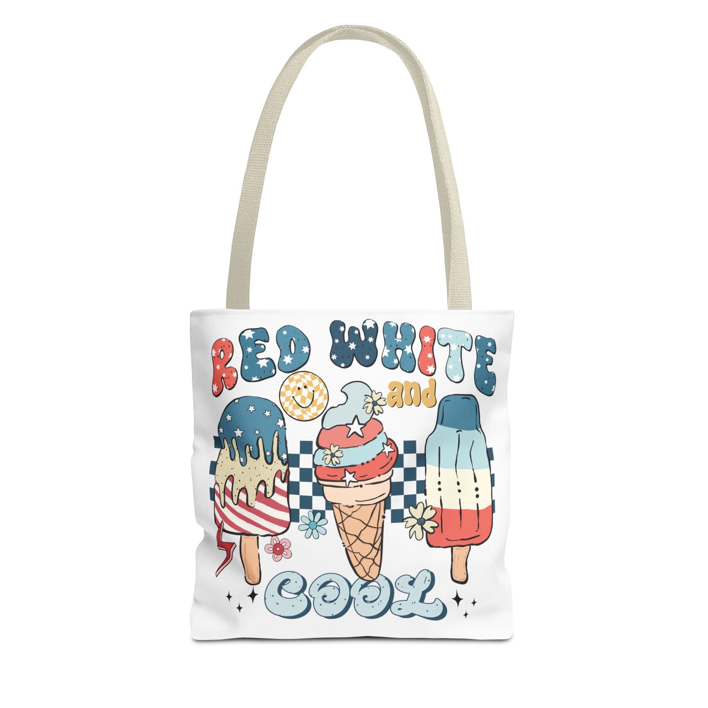 Red, white, and blue beach bag featuring a trendy vintage ice cream print, perfect for 4th of July celebrations and summer festivities. Made from 100% spun polyester with durable double-stitched seams, this spacious tote is designed to carry everything from sunscreen and snacks to towels and pool toys. Ideal as a patriotic gift for women, moms, or teachers, it’s the perfect accessory for beach outings, picnics, and sunny days. Get ready to celebrate with style while showcasing your American pride!