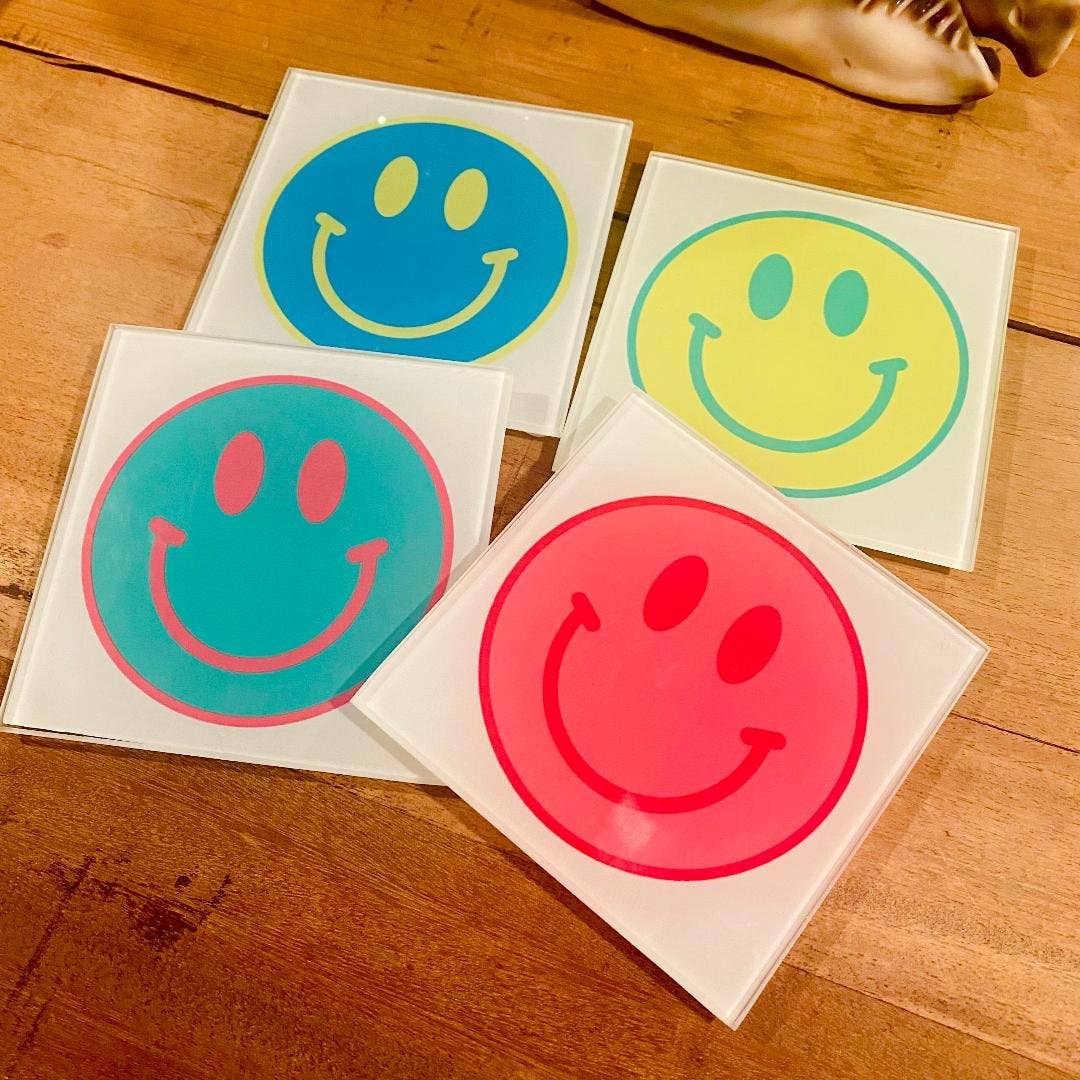 Set of 4 smiley face glass coasters 4”, durable, wipeable, and perfect for gifting.