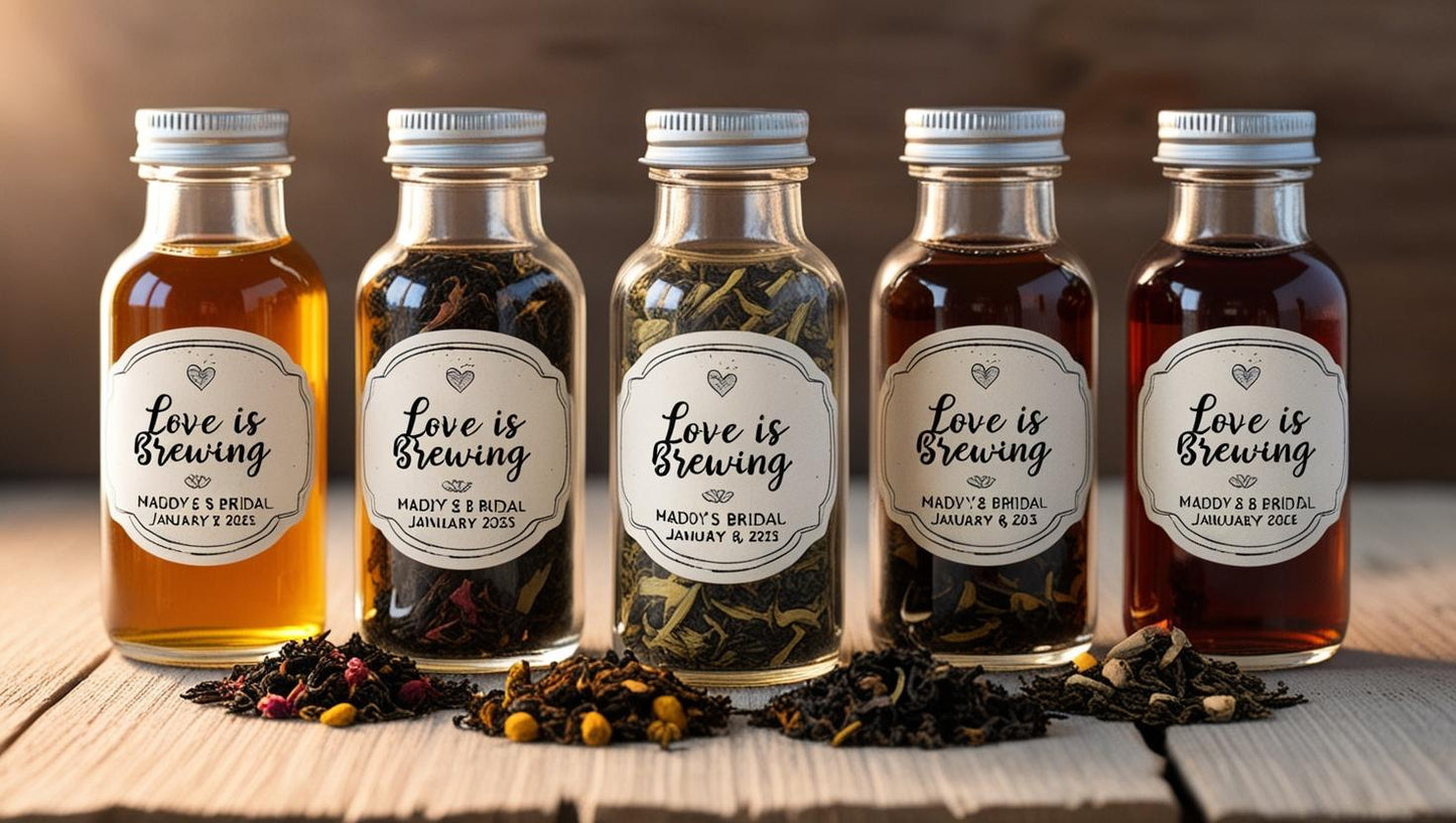 Custom tea favors – ‘Love is Brewing’ acrylic bottle with premium loose tea for weddings.