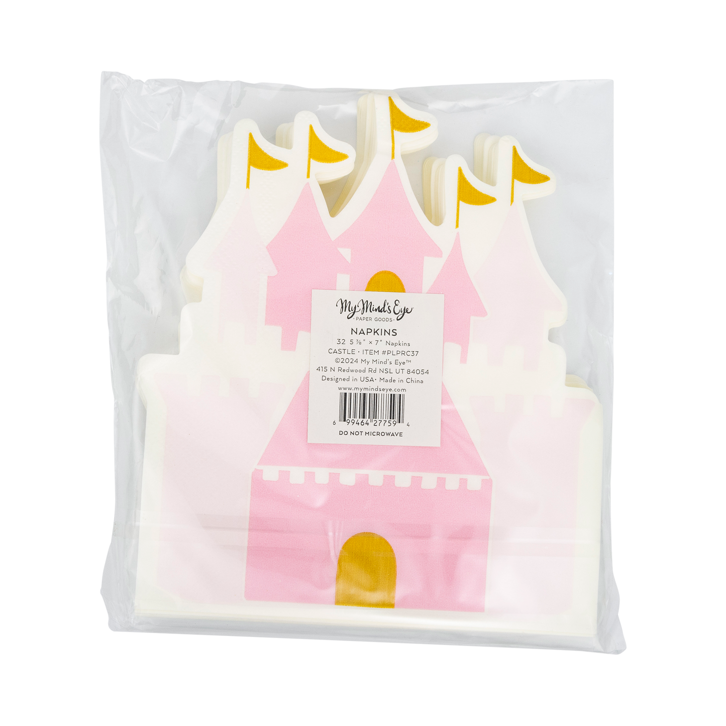 Princess castle-shaped guest napkins, measuring 6" x 7", featuring gold foil accents. Perfect for adding elegance and fun to any royal-themed event or party.