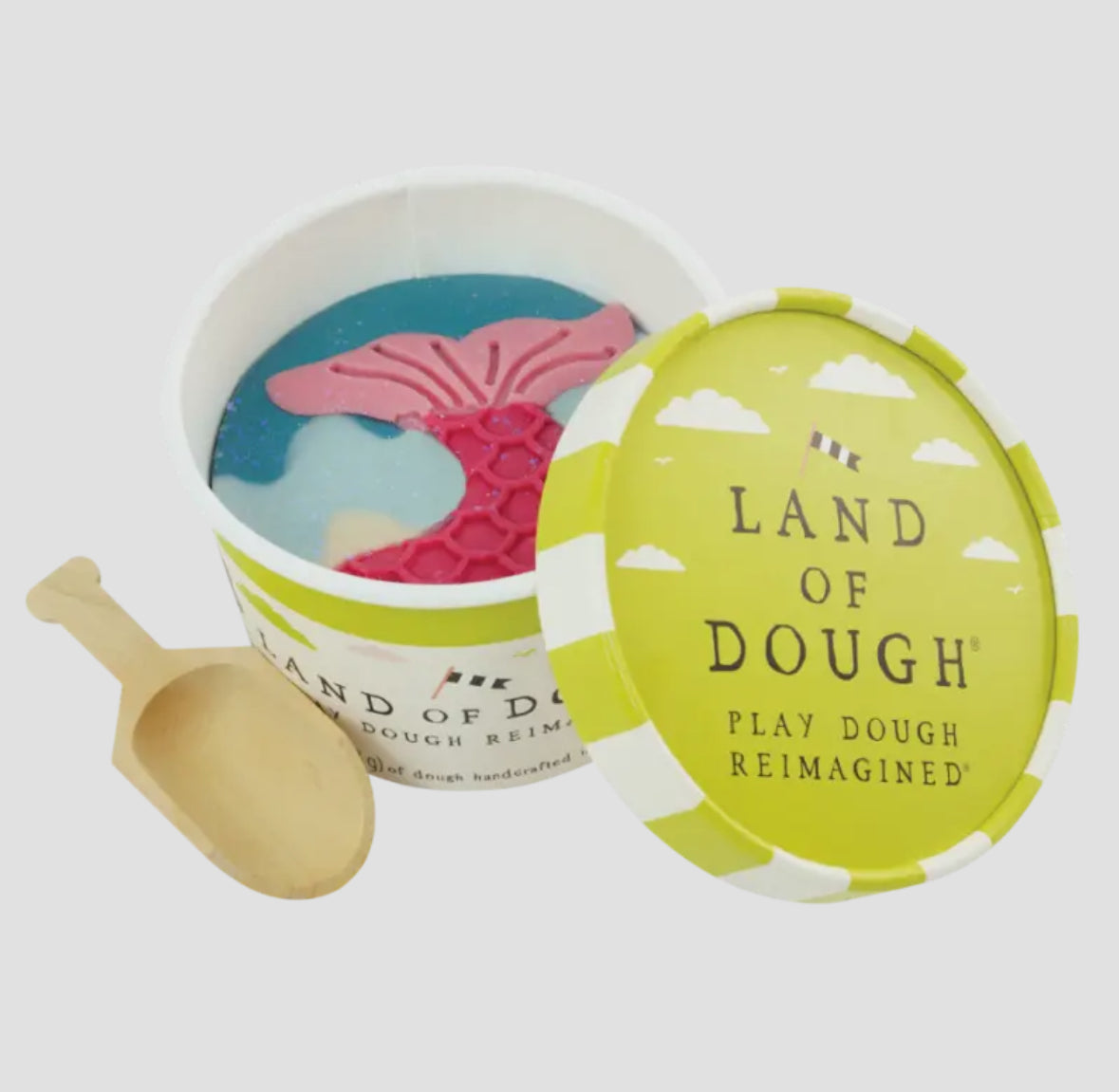 Land of Dough play dough with pink, light pink, tan, blue-green, and light blue colors, infused with compostable multicolor glitter. Perfect for squishing and sculpting with friends. Dimensions: 3.5 x 3.5 x 2.5 inches. Fun, eco-friendly sensory play!