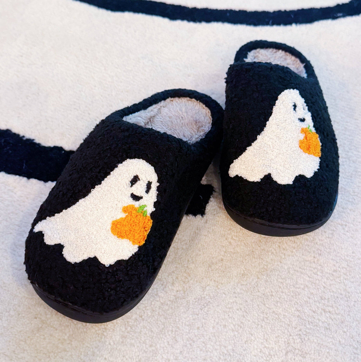 "Ghost Mode" π» Spooky Ghost Cozy Slippers with Pumpkin Embroidery by Ellison+Young