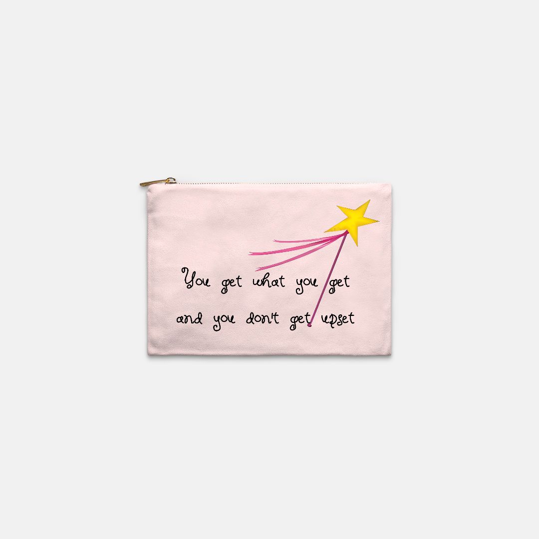 Natural canvas snack bag with the saying 'You get what you get, and you don't get upset.' Versatile and lined, this 9.5β³W x 7β³H cosmetic bag features a sturdy zipper closure, perfect for snacks or creative uses. Made from 100% cotton canvas, spot clean with mild soap and water