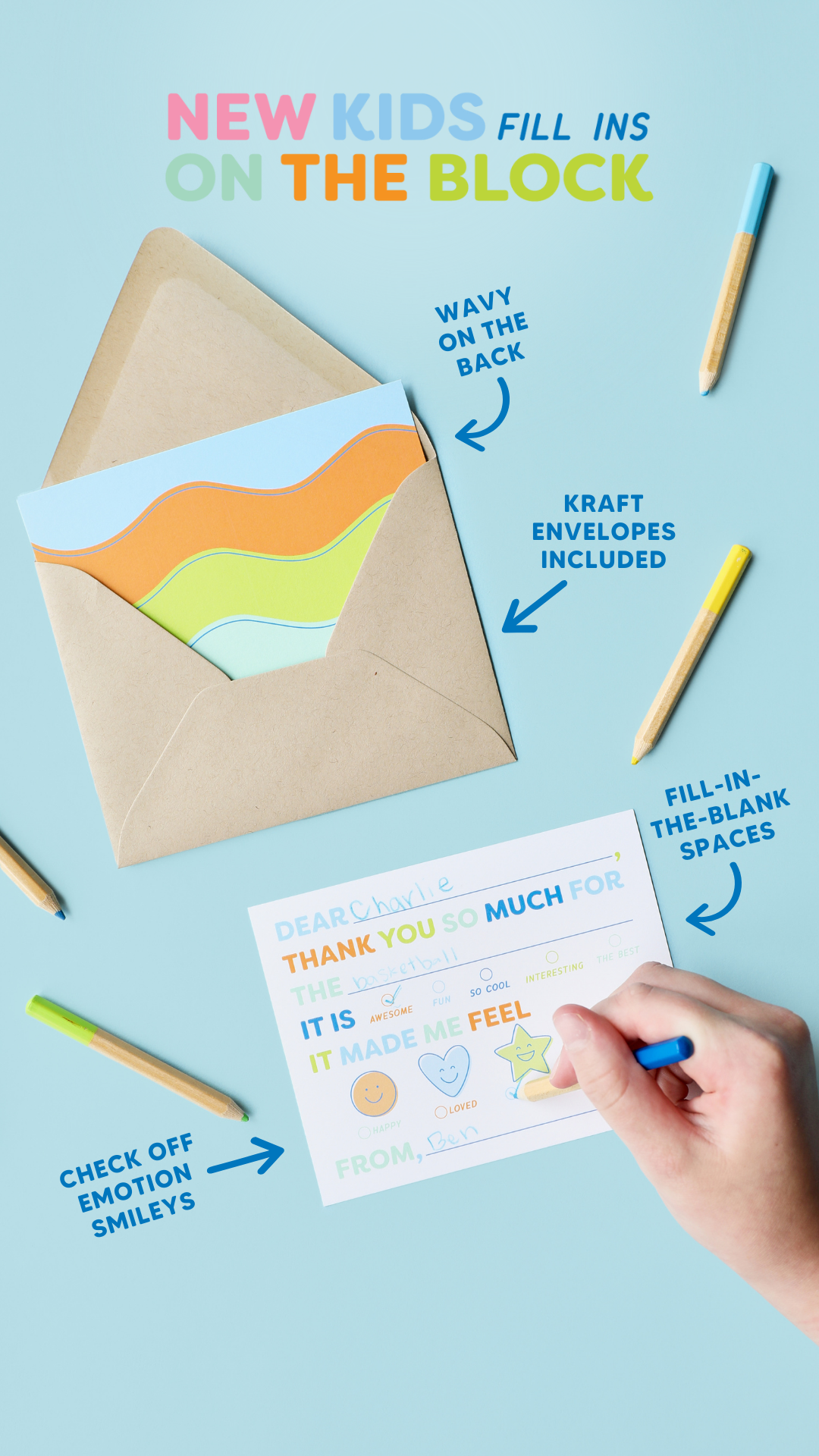 Fill-in thank you note cards 4.25x5.5", set of 10 with coordinating envelopes