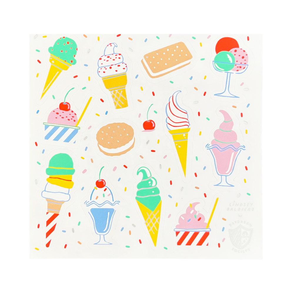 Ice Cream Stickers Pack with Holographic Silver Foil Detailing, Illustrated by Lindsey Balbierz for Daydream Society, Includes 4 Sticker Sheets Measuring 4 Inches Square.