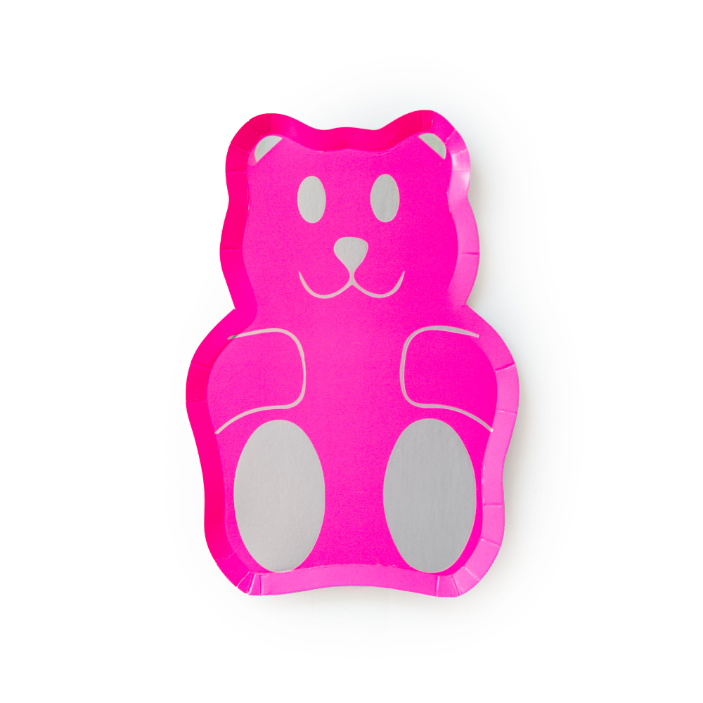 Fun and colorful gummy bear paper plates, perfect for party desserts.