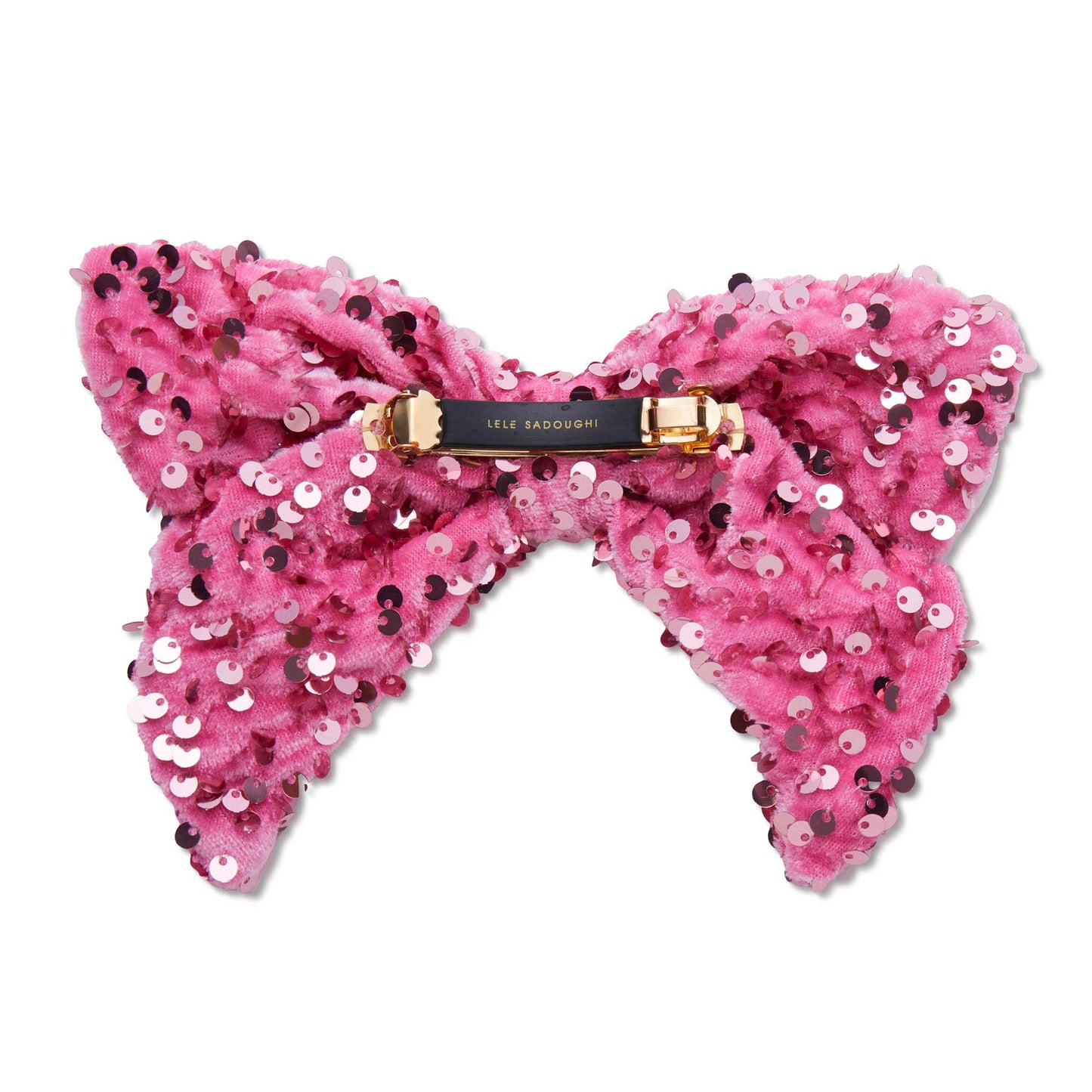 Lele Sadoughi x Wicked pink velvet barrette, pink sequins, 14k gold logo, 20th anniversary gift.