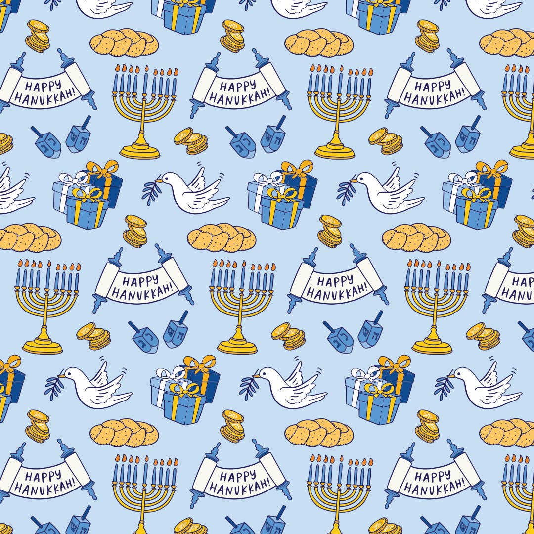 Happy Hanukkah Wrapping Paper. Festive blue, white, and gold designs featuring menorahs, dreidels, Stars of David, and 'Happy Hanukkah' messages. 2.5 x 10 ft roll of durable, premium #20 weight paper, perfect for wrapping holiday gifts. Sealed in a polly bag with a label printed on the paper.