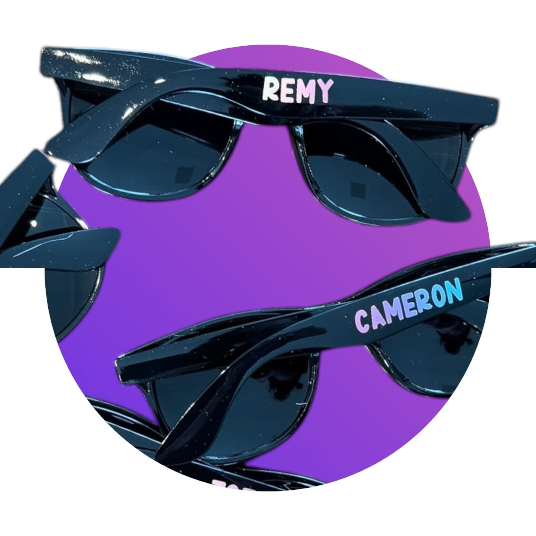 Lightweight personalized party sunglasses for bachelorette and vacation vibes.