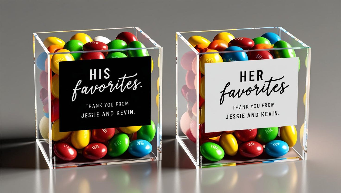 Sweet party favor cube with M&Ms or jelly beans and personalized sticker.