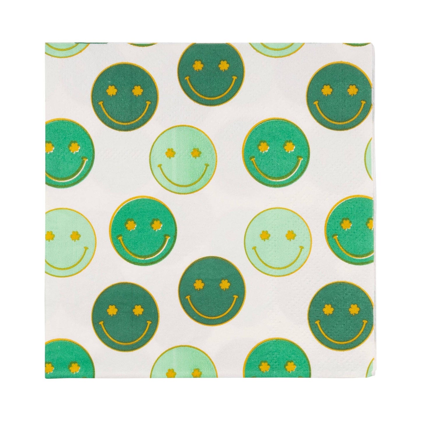 Set of 18 St. Patrick’s Day cocktail napkins – 5"x5" with gold foil smiling shamrocks, festive & fun!