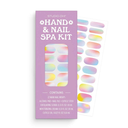 Hand and nail spa kit with scrub, moisturizer, nail wraps, cuticle oil, and manicure tools