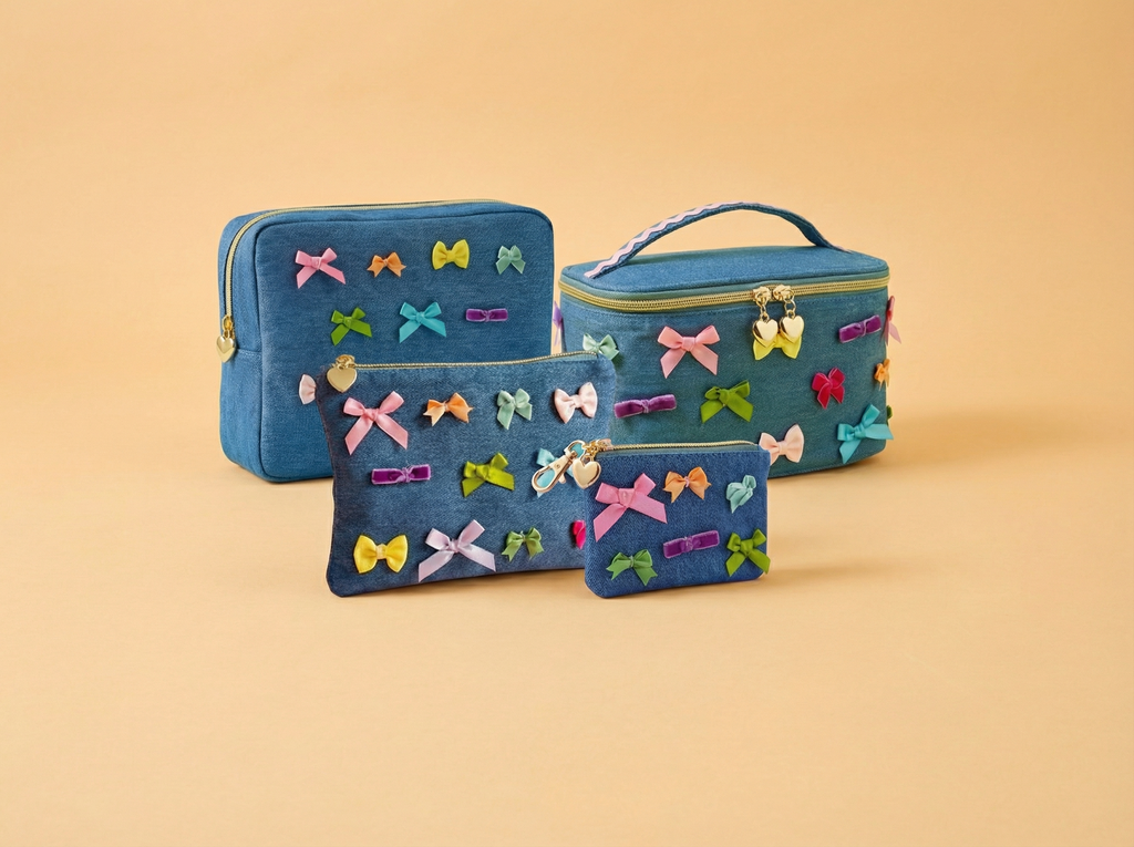 “Bella Bow” 🎀 Denim & Bow Structured Zipper Pouch by Taylor Elliott Designs