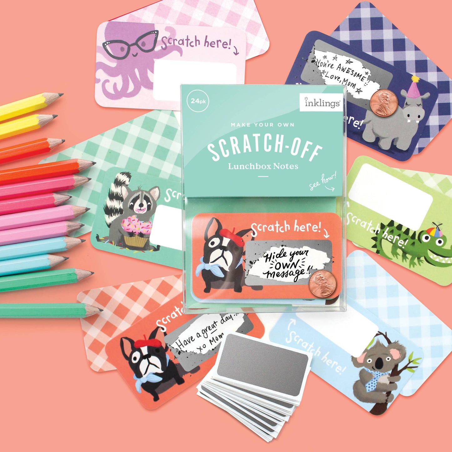 Set of 24 assorted scratch-off lunchbox notes measuring 2” x 3.5”, featuring six different animated animal friends designs. Each card allows you to write a personalized message in the blank space, which is then covered with a scratch-off sticker for a fun reveal. Perfect for slipping into lunch bags or coat pockets, these tiny notes come packaged in a clear plastic box, making them an ideal surprise for someone special.