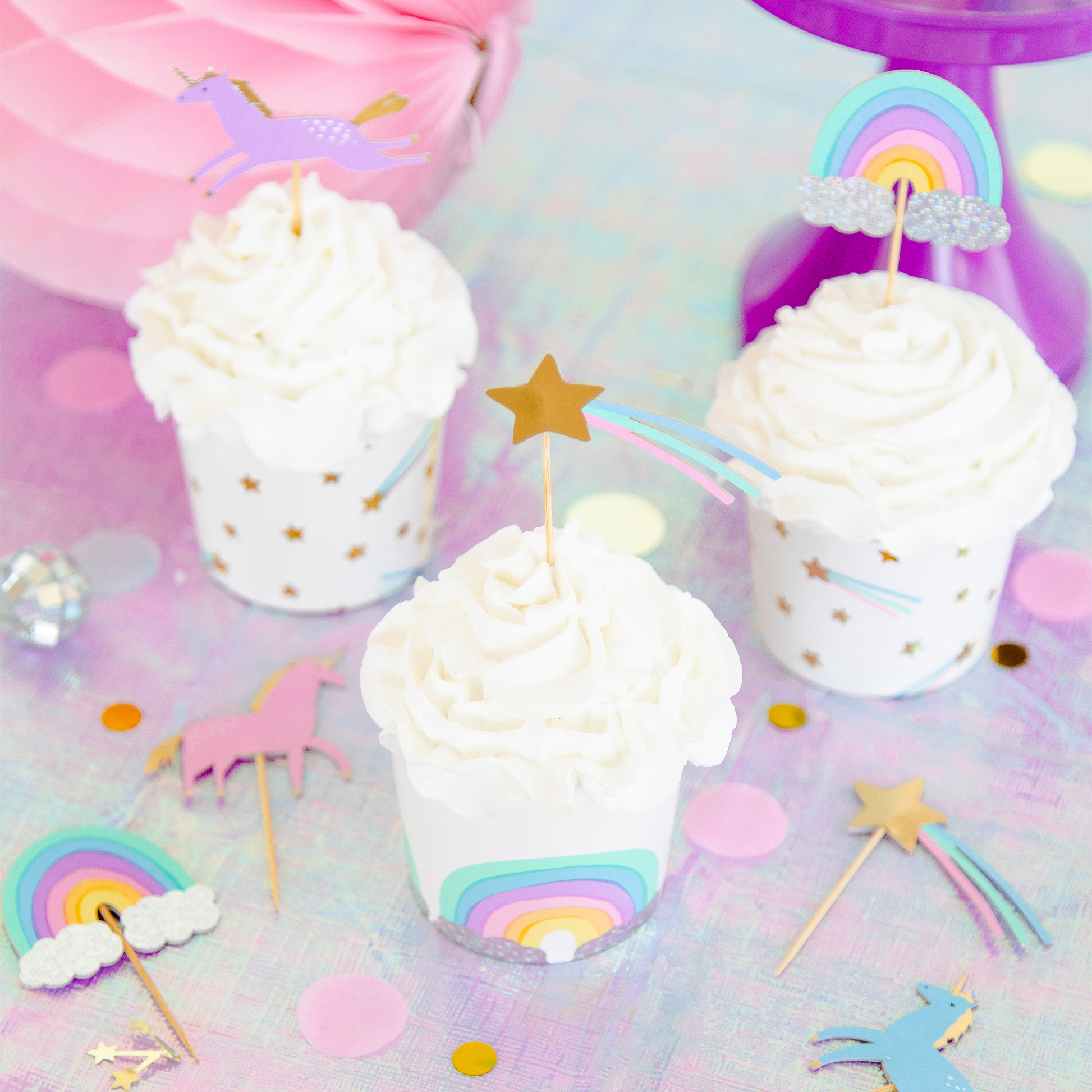 Magical unicorn cupcake kit with 24 toppers, baking cups, gold and holo foil accents