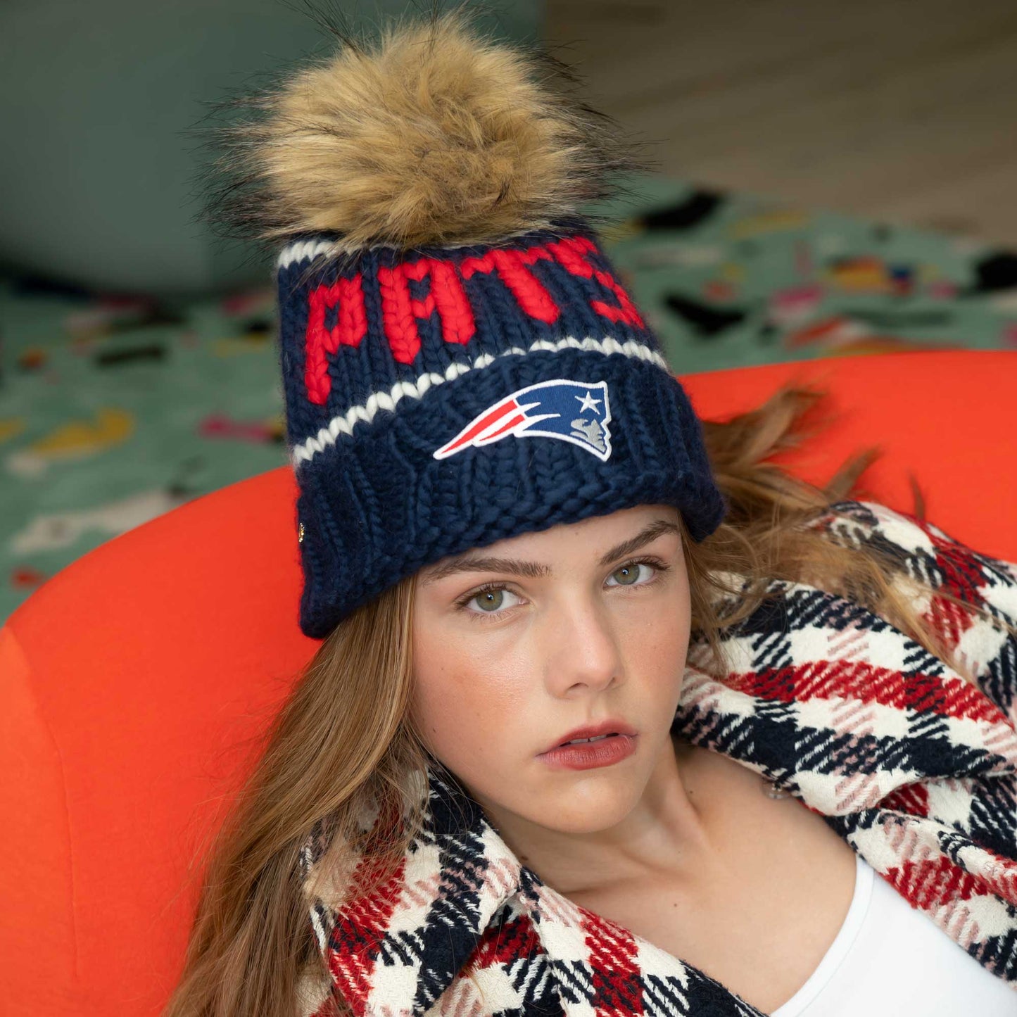 Hand-knit merino wool Patriots winter hat