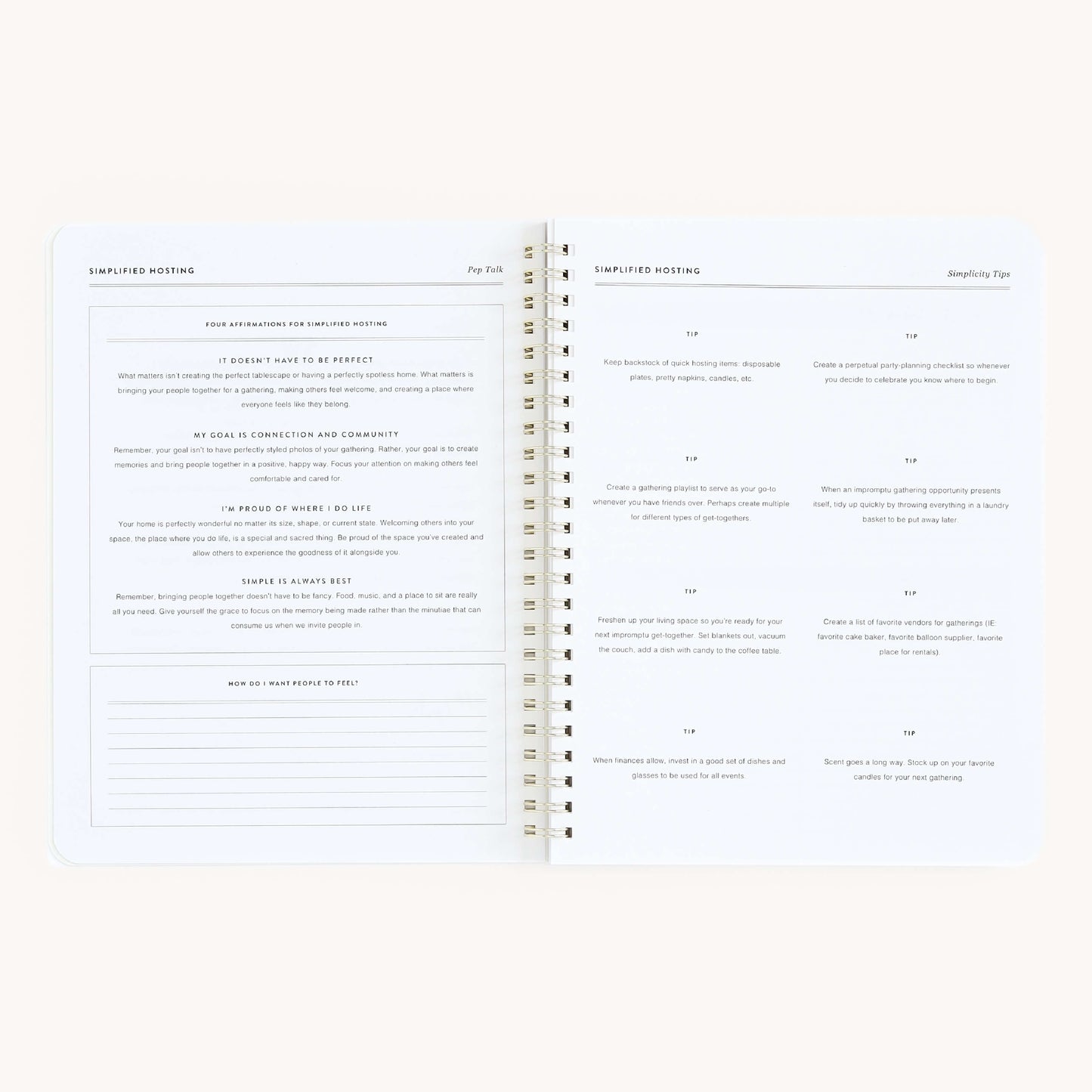 Gold foil-accented Hosting Workbook for stylish event organization and party planning.