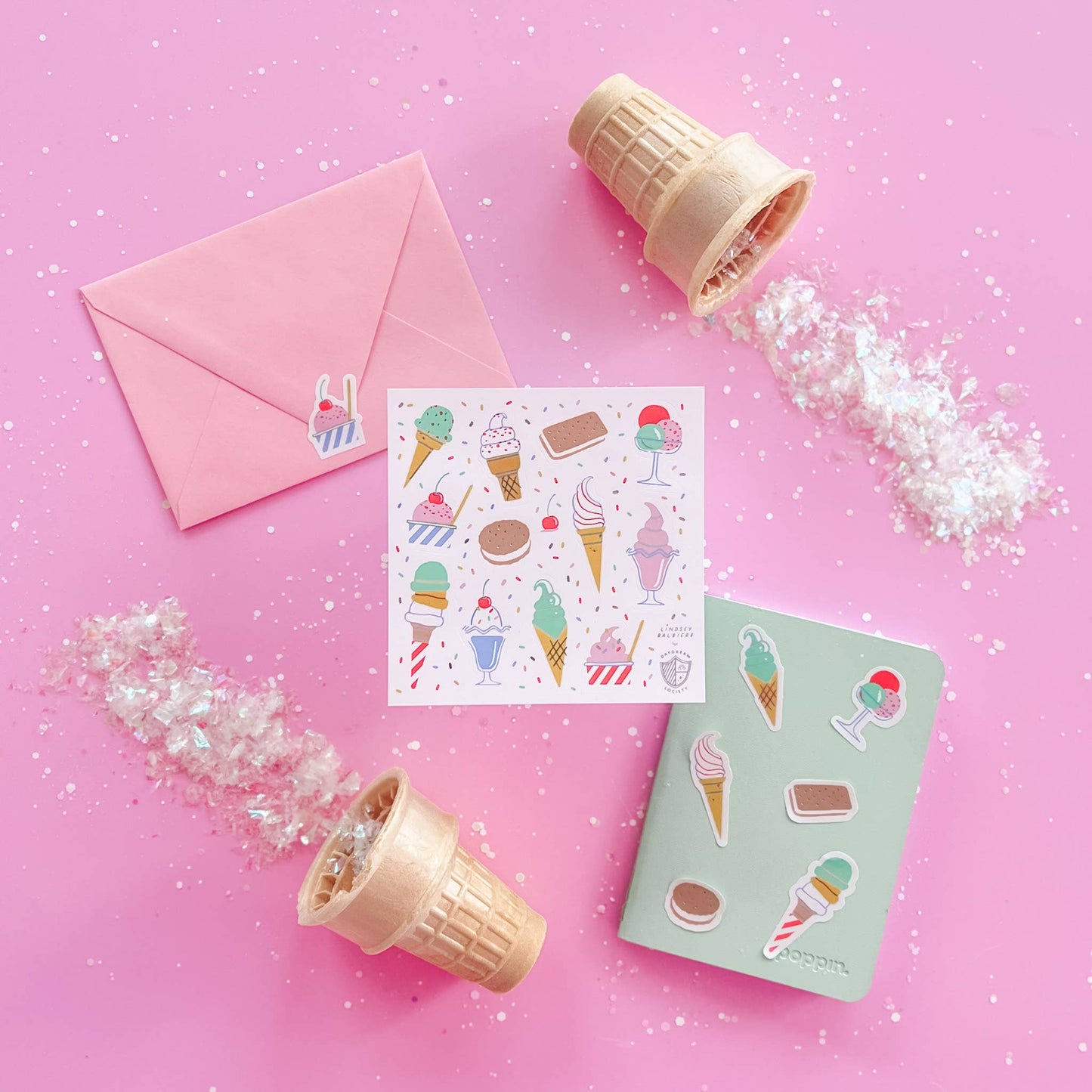 Ice Cream Stickers Pack with Holographic Silver Foil Detailing, Illustrated by Lindsey Balbierz for Daydream Society, Includes 4 Sticker Sheets Measuring 4 Inches Square.