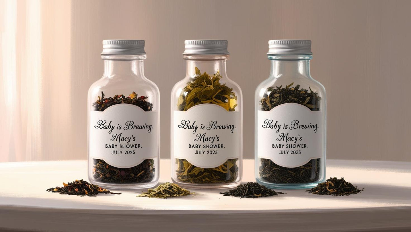 Let Love Brew tea favors – premium tea in acrylic bottles with custom tags for weddings and events.