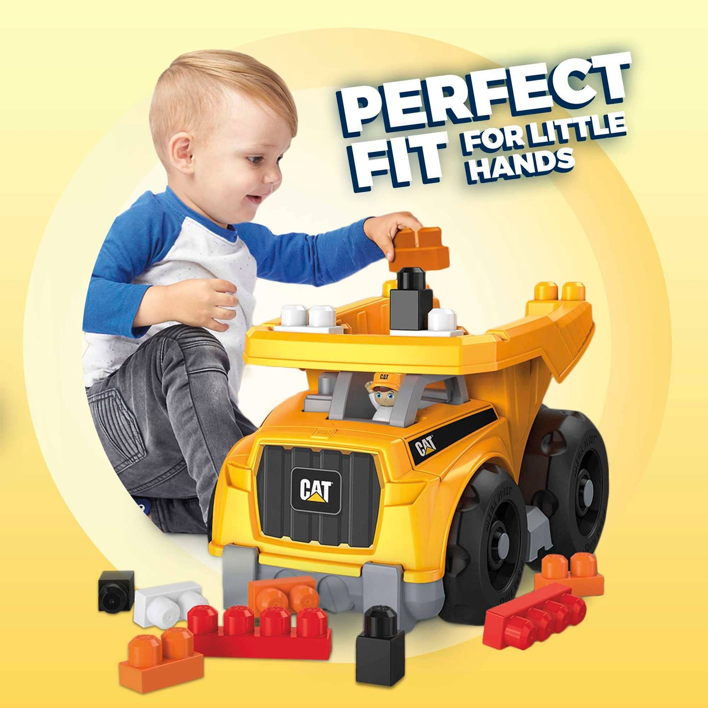 Cat® Dump Truck Toy with MEGA BLOKS®, building blocks set for toddlers, construction-themed creative play.