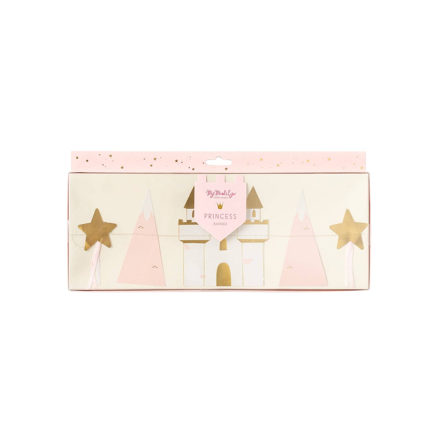 Fairy tale princess party banner with crowns, castles, stars, and sparkles.