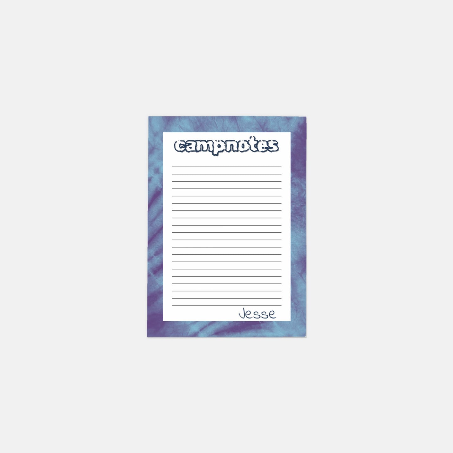 Personalized Blue Tie-Dye Stationery Set: 10 custom notecards with envelopes for kids at camp. Features your child’s name, lined for easy writing, and a vibrant tie-dye design. Perfect for sending camp updates and keeping in touch.