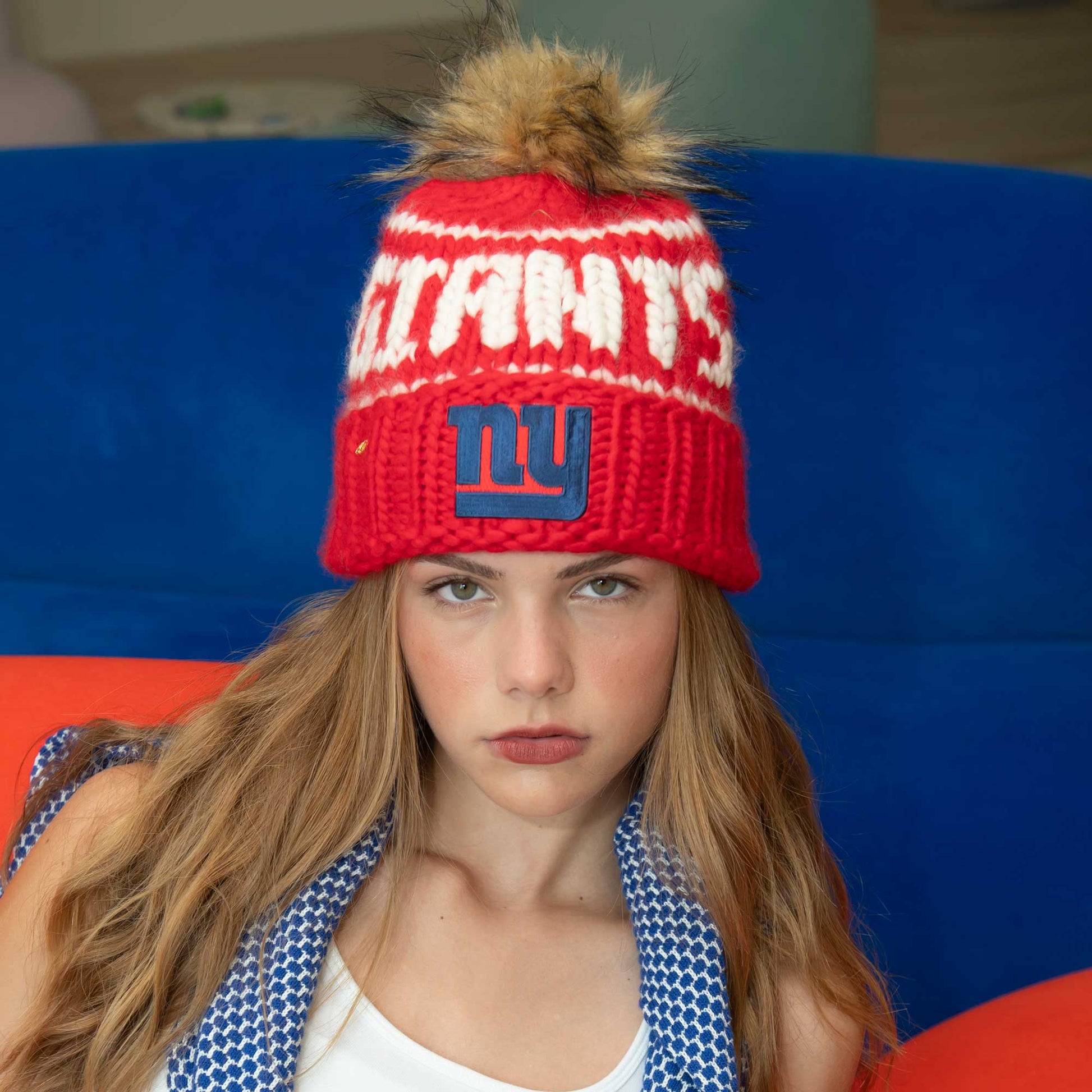 Hand-knit Giants beanie with team logo and pom