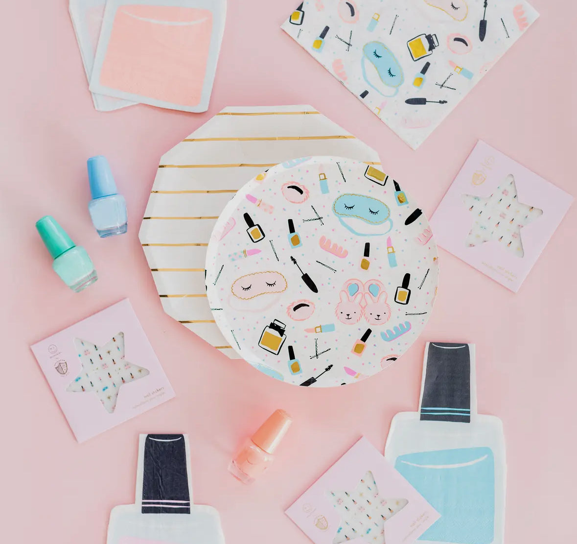 Slumber party stickers with neon pops, perfect for sleepover and spa-themed fun. Illustrated by Hello!Lucky for Daydream Society. Includes 1 sheet with 100 stickers. Not microwave safe.
