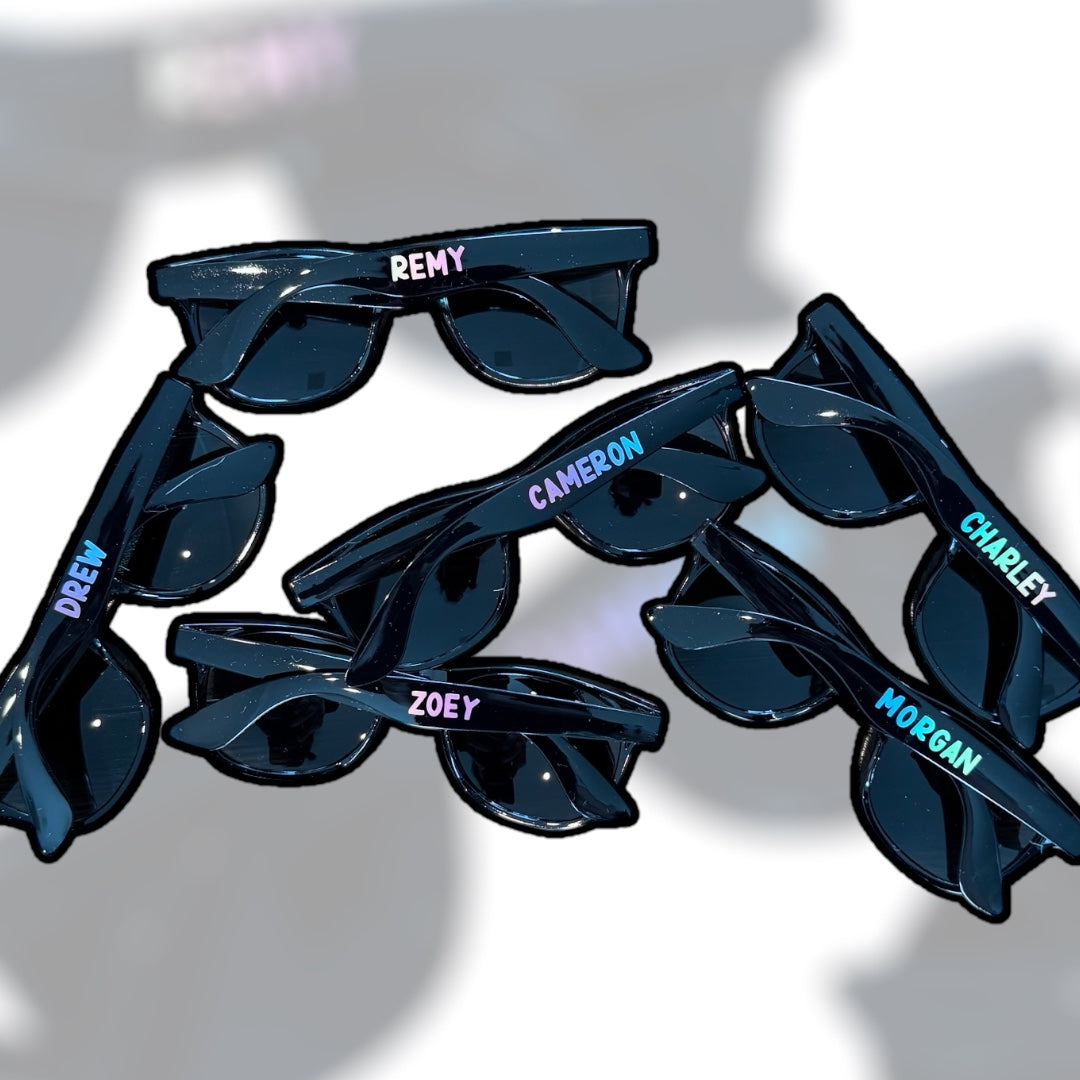 Fun colorful party sunglasses personalized for bridal showers and birthday blowouts.