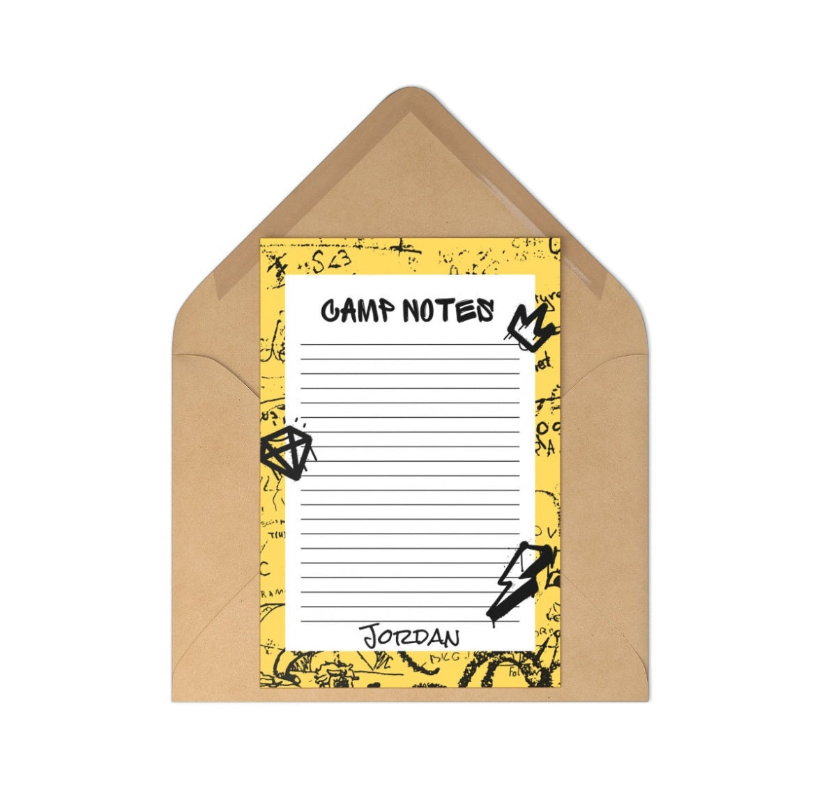 Pack of 10 Yellow Graffiti Camp Notes fill-in stationery cards and envelopes. Each A7 size flat notecard measures 5" x 7" and is digitally printed on smooth, heavyweight paper. Perfect for personalized notes and correspondence.