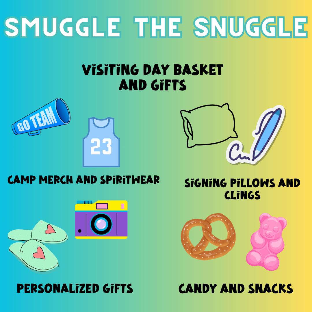 Personalized Visiting Day camp gift bucket with snacks, games, and spiritwear for kids
