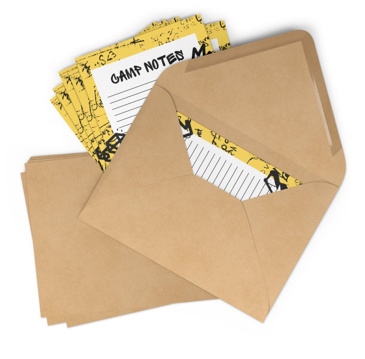 Pack of 10 Yellow Graffiti Camp Notes fill-in stationery cards and envelopes. Each A7 size flat notecard measures 5" x 7" and is digitally printed on smooth, heavyweight paper. Perfect for personalized notes and correspondence.